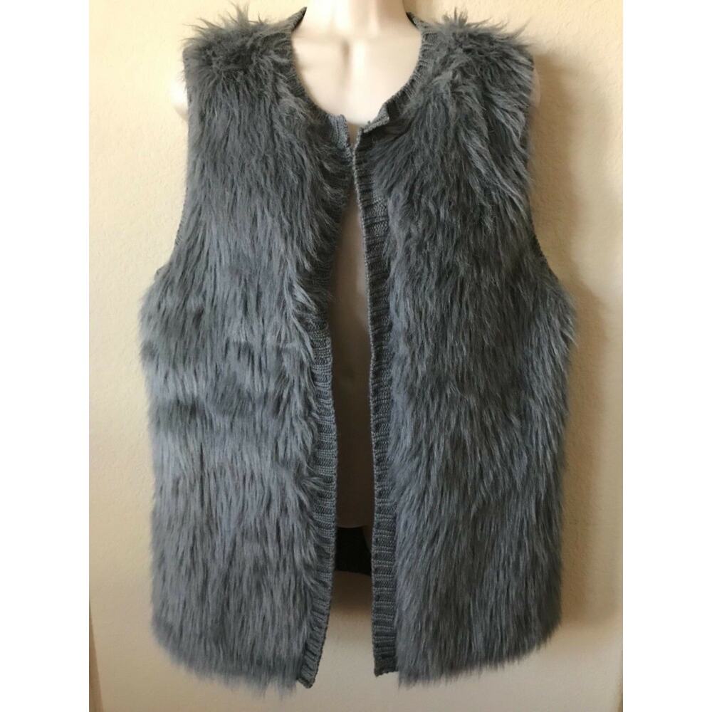eyeshadow Gray Faux Fur Sleeveless Open Front Women's Sweater Vest Size L